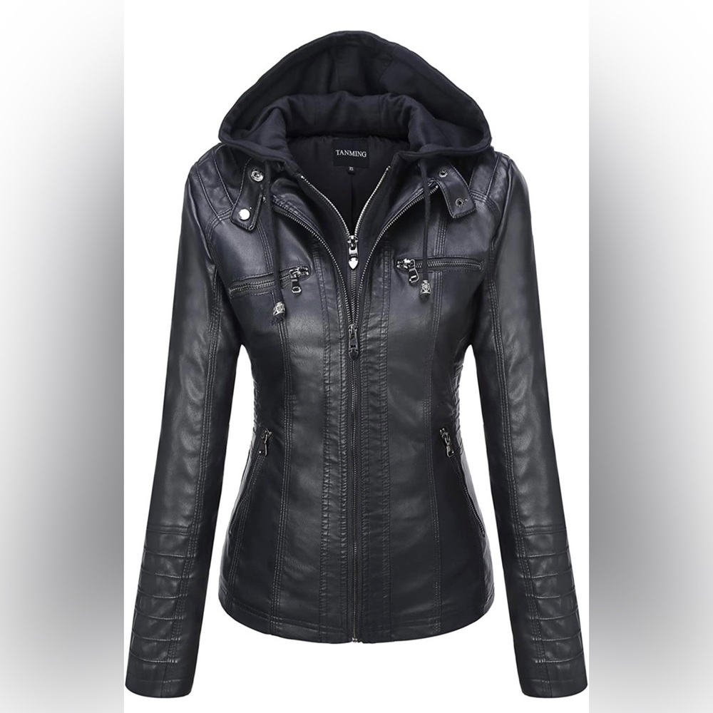 New w/o Tags Tanming Woman’s Removable Hooded Faux Leather Jacket